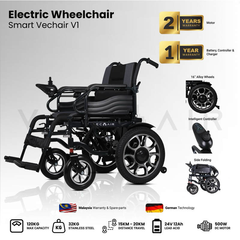 NEW Electric Wheelchair Smart Vechair V1 | 24V12Ah Lead Acid | Motorized Wheelchair | Kerusi Roda Elektrik