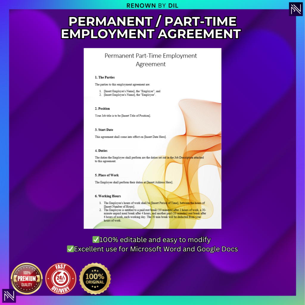 Permanent / Part-time Employment Agreement | Perjanjian Pekerjaan | Legal Document Template Surat Perjanjian