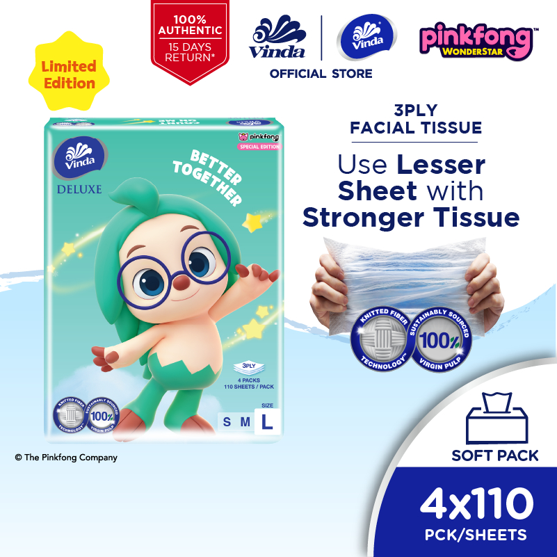 Vinda Deluxe Facial Tissue Large 3ply PinkFong Limited Edition (4x110s)