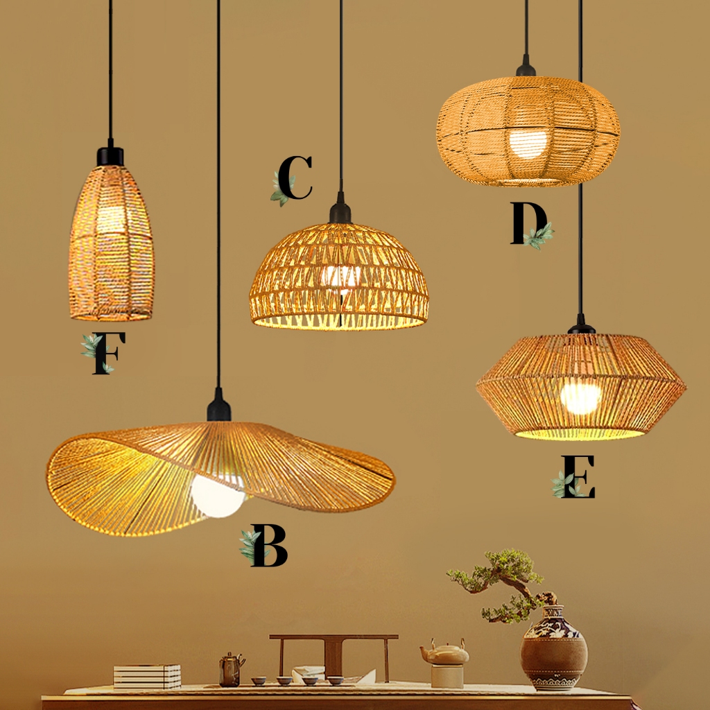 Lampu Rotan Hand Woven Rattan Lamp Muji Bamboo Lamp Hemp Rope Pendant Light Hanging Lampu Tali Lampu Hiasan IKEA