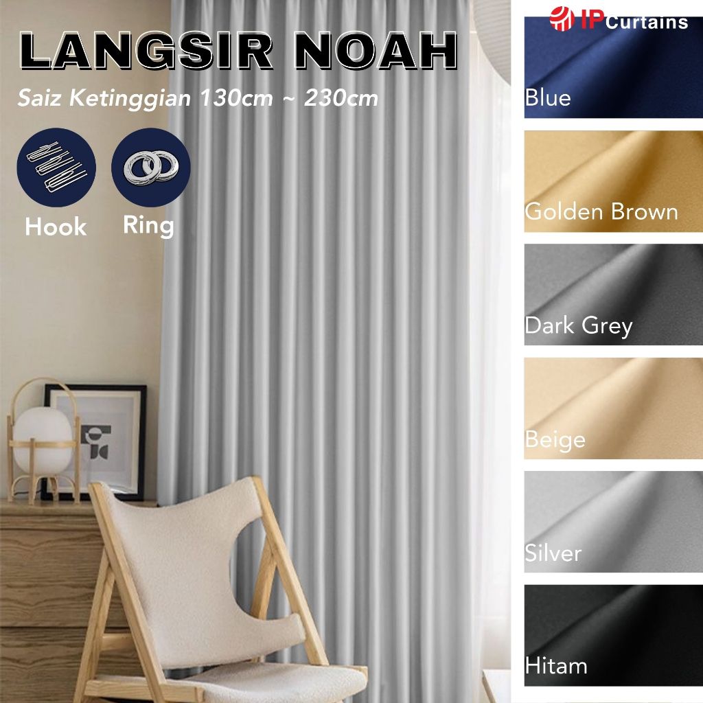 IP Curtain NOAH Langsir 80% Blackout Curtain, UV Protect ReadyMade SiapJahit, Hook/Ring Tingkap Nako