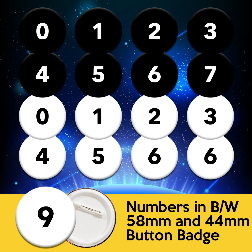 Number in Black and White Designs 58mm 44mm Button Badge with Safety Pin (Y477-Y497)
