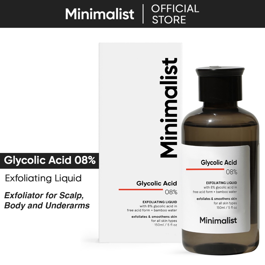 Minimalist 8% Glycolic Acid Exfoliating Toner for Glowing & Smooth Skin | Exfoliator for Face, Body & Scalp | 150ml