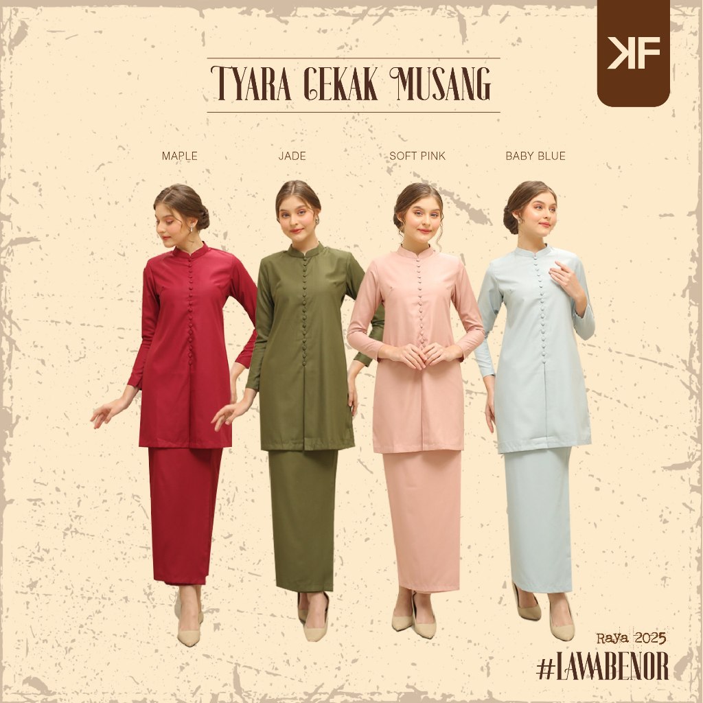 Kurung Factory Tyara Cekak Musang Moden 2024 Bridesmaid Kolar Maroon Pink Hijau Brown Blue Cotton Button Fashion