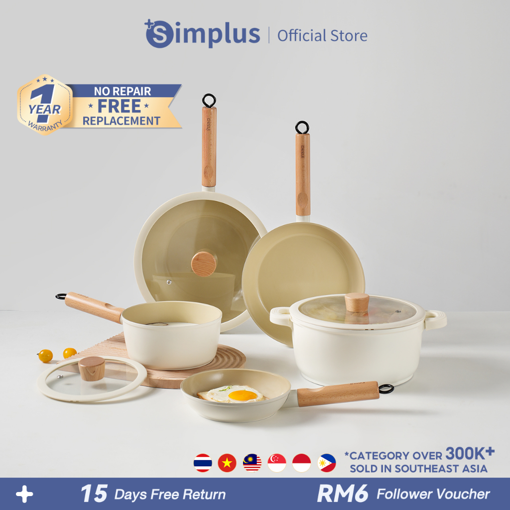 Simplus 7PCS Teflon Non Stick Coating Cookware Sets 24cm Fry Pan/28cm Wok/24cm Soup Pot/18cm Saucepan with 3 Lids