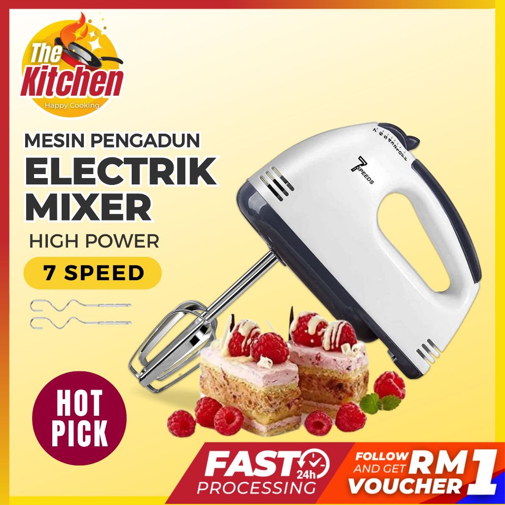HE-133 Stainless Steel 7 Speed Electric Egg Beater Hand Mixer Chrome Dough Flour Baking Whisk Mesin Pengadun Tepung