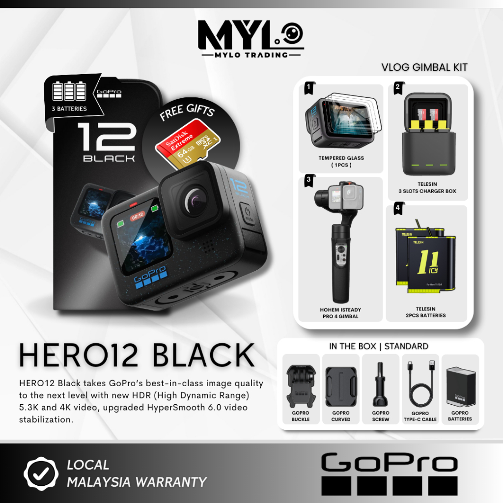 (READY STOCK) - GoPro HERO 12 Black / HERO12 | 5.3K60 | 27MP | Hypersmooth 6.0 | 10-Bit HDR Video Action Camera