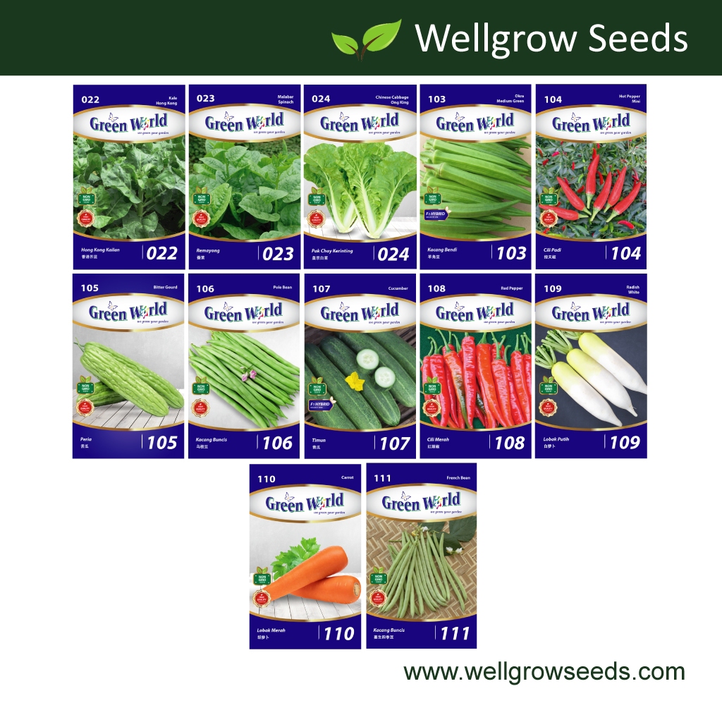 Green World Seeds GW022-GW218 Kale/Spinach/Leek/Okra/Pepper/Gourd/Bean/Cucumber/Radish/Carrot (Bundle Deal)