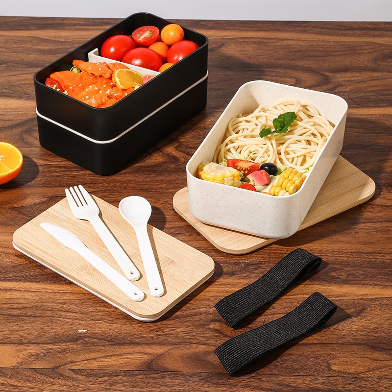 Japanese Style Bento Box Bamboo Wood Cover Wheat Straw Lunch Box Office Worker Bento Box With Knife Fork and Spoon