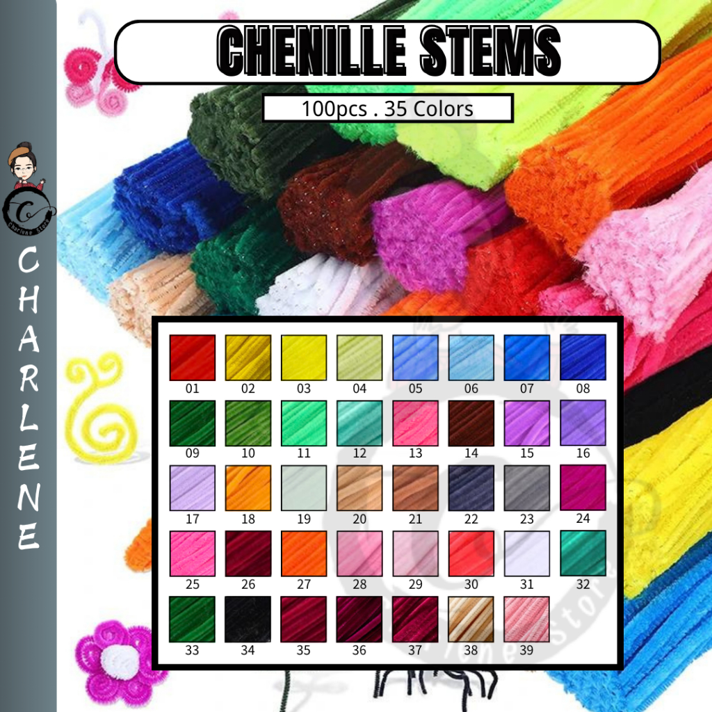 [1-35Colors] 100pcs 7-8mm (Size Tebal/Gebu) Colorful Chenille Stems Wire/Flower Wire Craft/Kawat Bulu/DIY Kraftangan Art