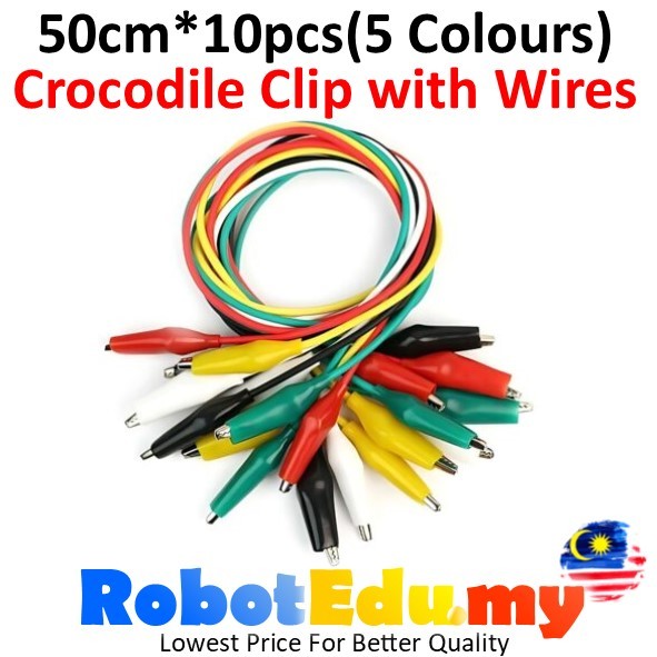 【10PCS SET】 Crocodile Alligator Clip Clamp with Wires Jumper Cable 50cm+- 5 Colours Red Black White Yellow Green