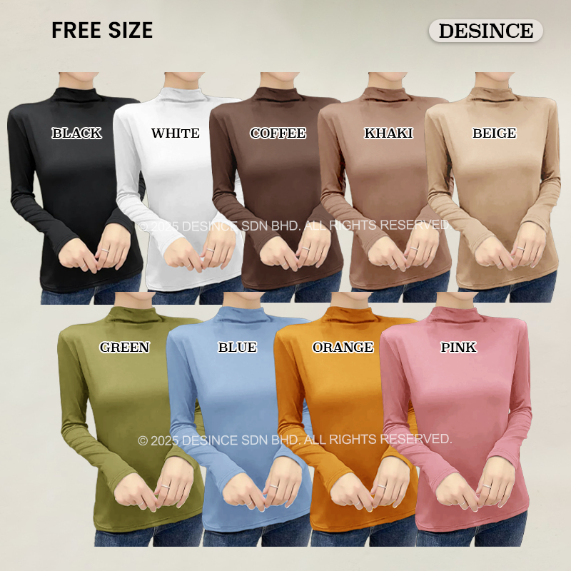 ?? DESINCE Women High Neck Shirt Long Sleeve T-shirt Turtle Neck Solid Color Muslimah Inner Baju Lengan Panjang WT 069
