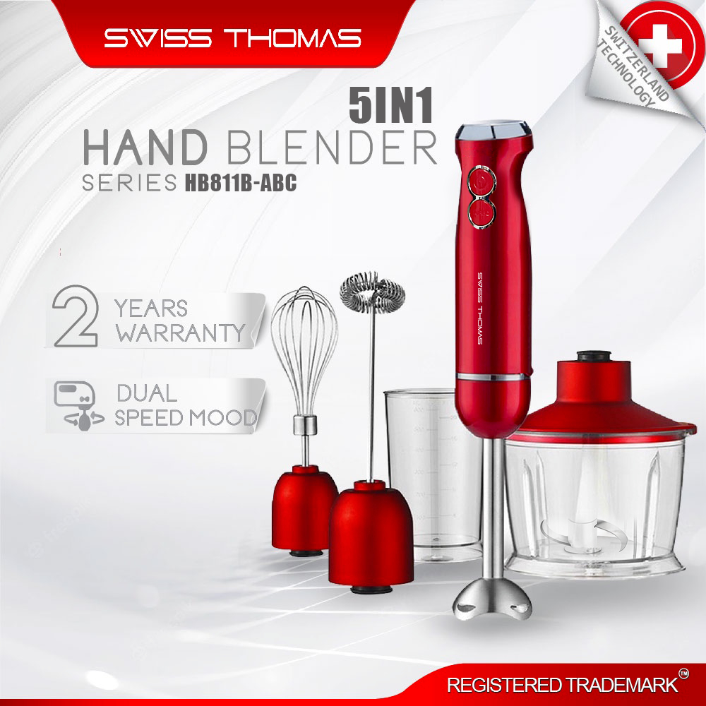 SwissThomas 5 in 1 Hand Blender Mixer Meat Grinder Milk Frother Whisker Food Chopper Grinder (1200W) HB811B