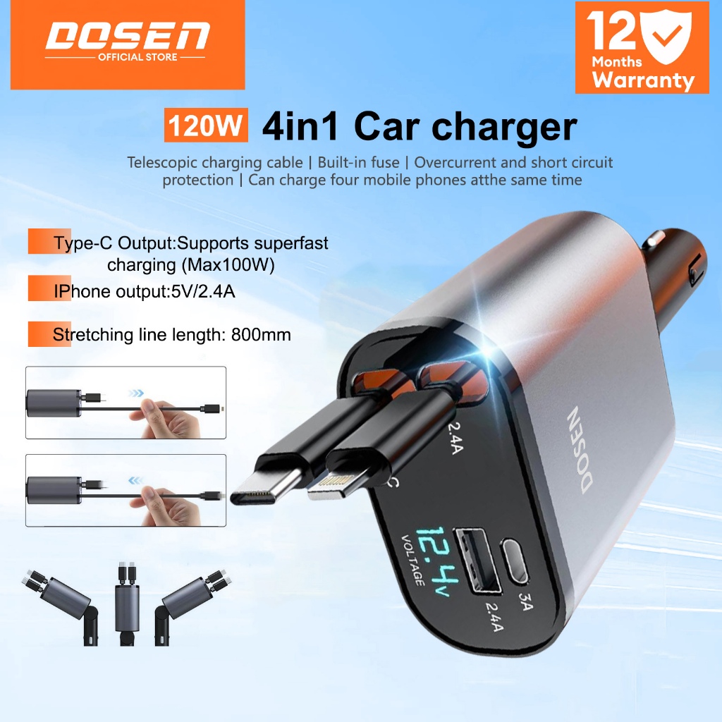 DOSEN Retractable Car Charger 120W 4 in 1 Car Fast Charger Retractable Car Charger IOS dan Type-c