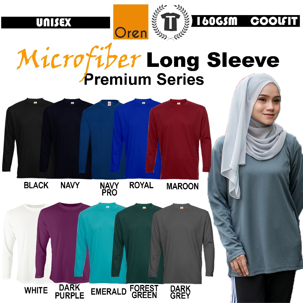 【Premium】Microfiber Long Sleeve Round Neck Shirt Black/Royal/Navy/Dark Grey QD5402 QD5401 QD54 Oren Sport COOL FIT