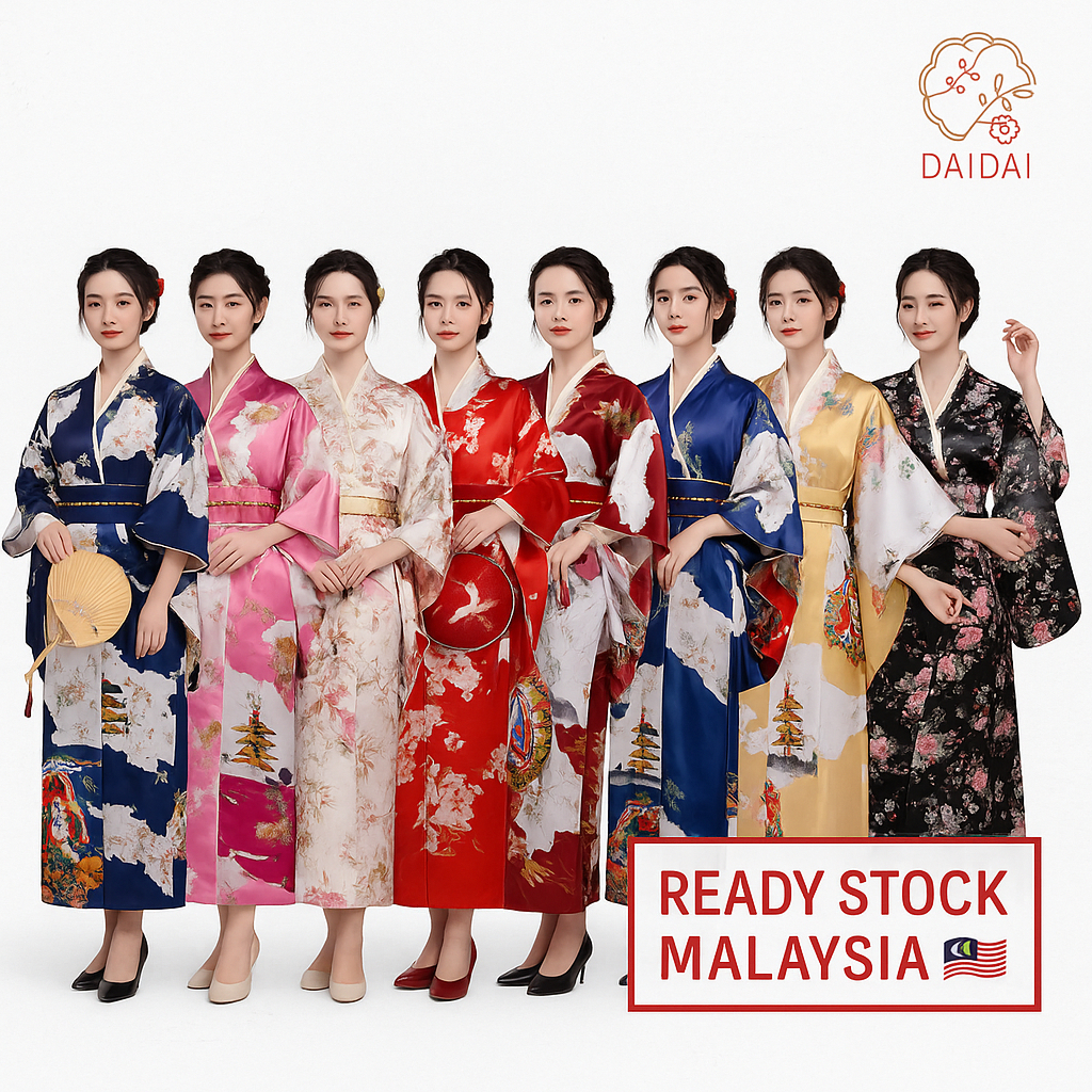 daidai (Ready Stock) Woman Lady Japanese Tradition Kimono Vintage Dress Cosplay Costume with Belt Flower 日式和服