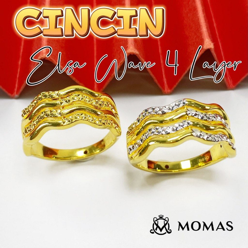 MOMAS CINCIN ELSA WAVE 4LAYER 5D Emas 916 Original Cincin Emas 916 Bajet Cincin Emas 916 Tulen Cincin FesyenEmas 916
