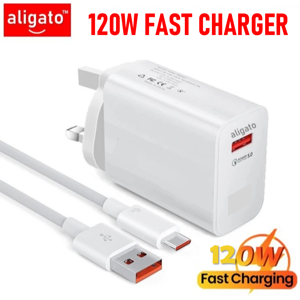 ALIGATO UK Adapter 120W Plug Wall Charging Travel Mobile Phone Charger for USB Interface for OPPO VIVO HUAWEI Etc