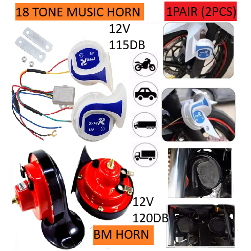 Car Horn Loud Hon Kereta Bunyi Kuat 12V BM Horn Music 18 Tone Hon Siput Car Motorcycle Accessories