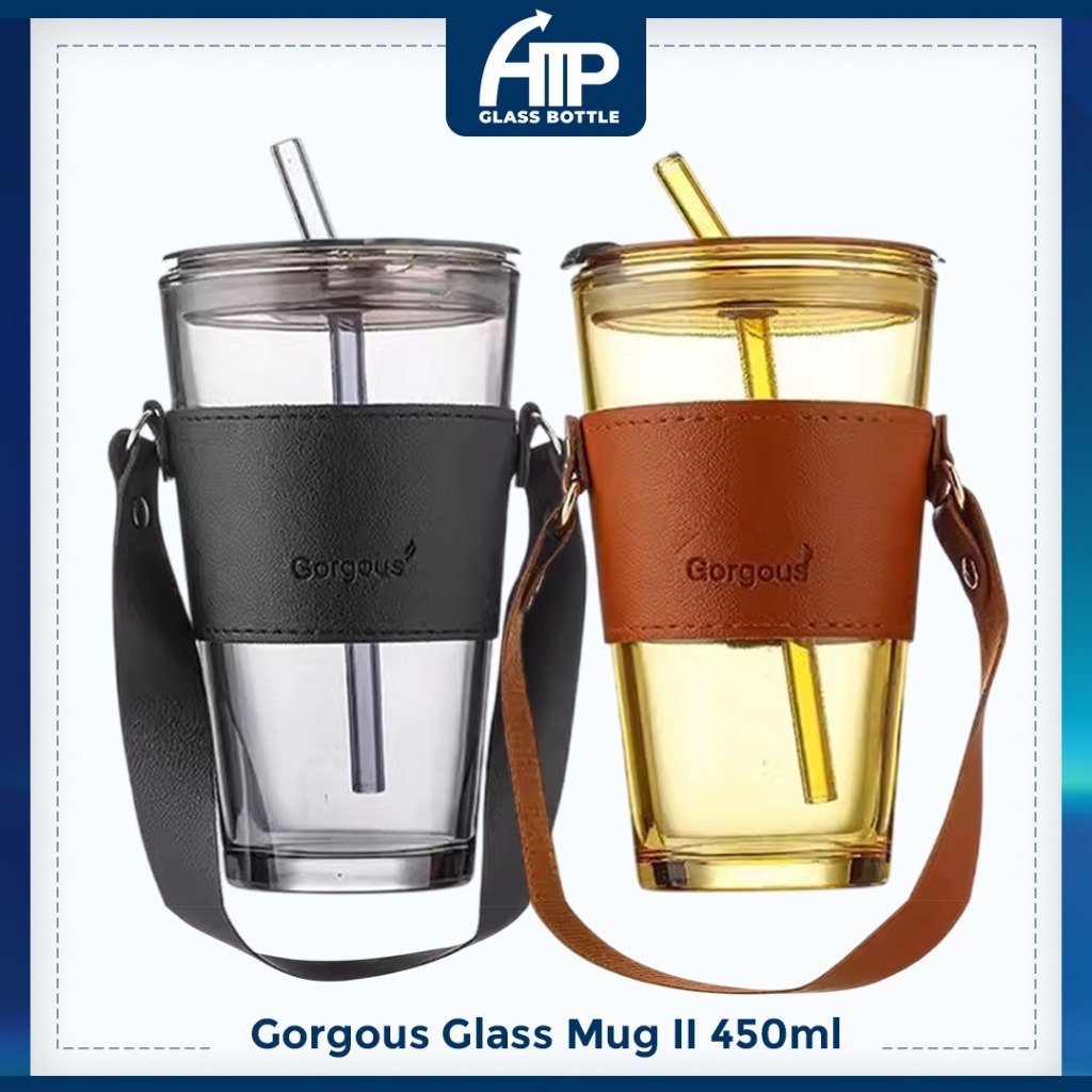 450ml ATP Glass Bottle Cawan Cantik Glass Straw Cup with Lid & Straw Trendy Transparent Design Heat & Cold Resistant Mug