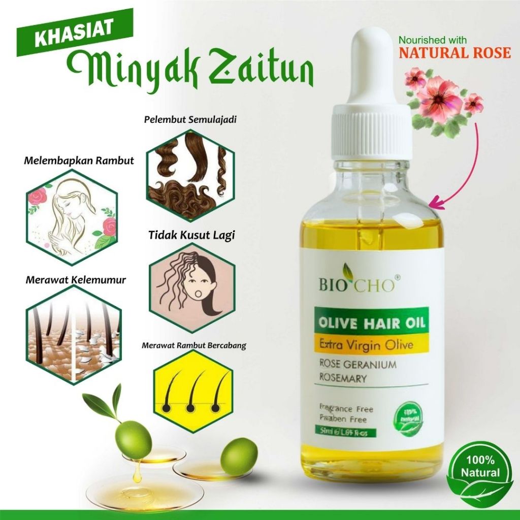 MINYAK RAMBUT ZAITUN/ HAIR OLIVE OIL - MENGUATKAN, LEMBUTKAN RAMBUT (Anti dandruff )100% NATURAL