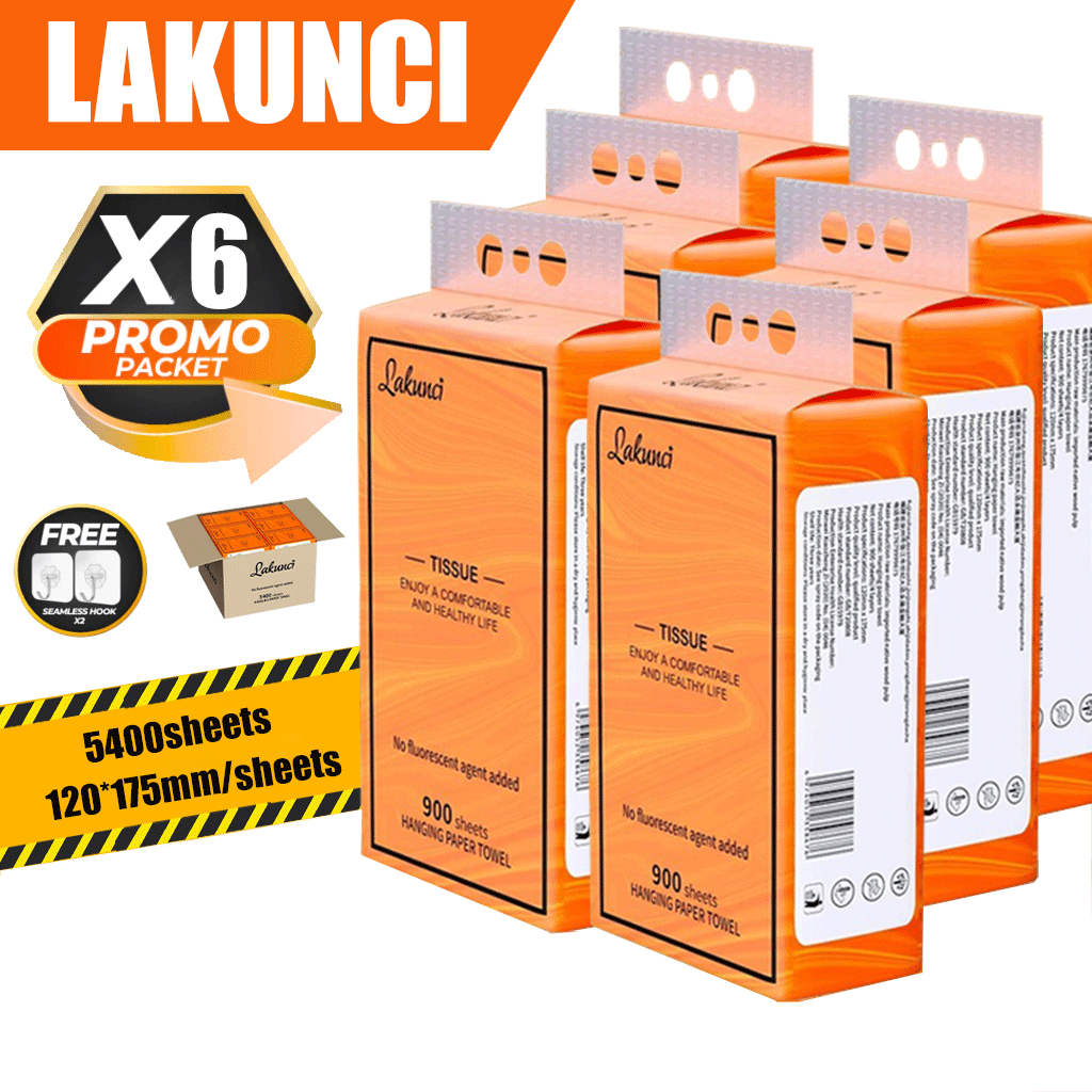 LAKUNCl 【6 PACKS Gift 2 hooks】AlR-cushion Tissue 4-Ply 900 sheets 175*120mm Deluxe Comfort Tissue! Tisu Tuala Kertas