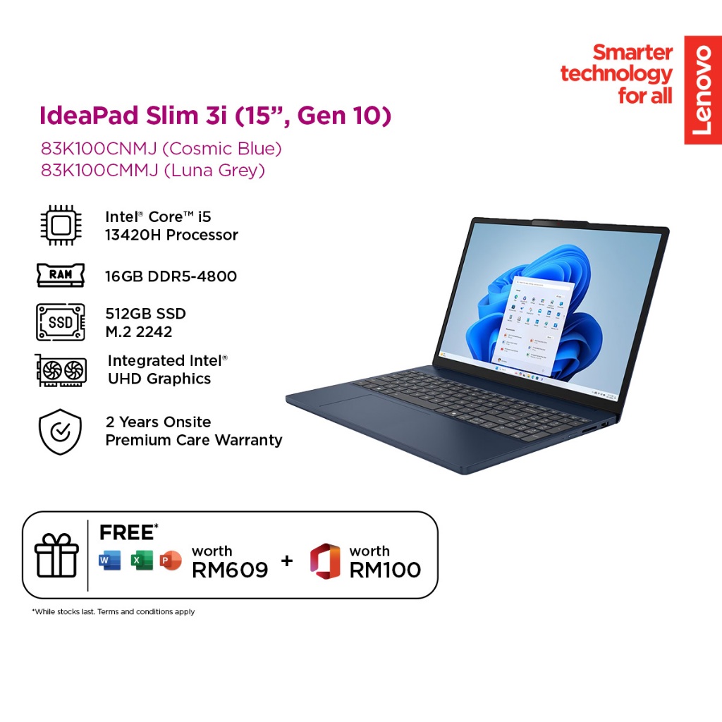 Lenovo IdeaPad Slim 3 15.3" FHD| I5-13420H|16GB|512GB|Intel UHD|W11H|OFFICE H&S|2Yrs|83K100CMMJ /CNMJ 【FOC:backpack】