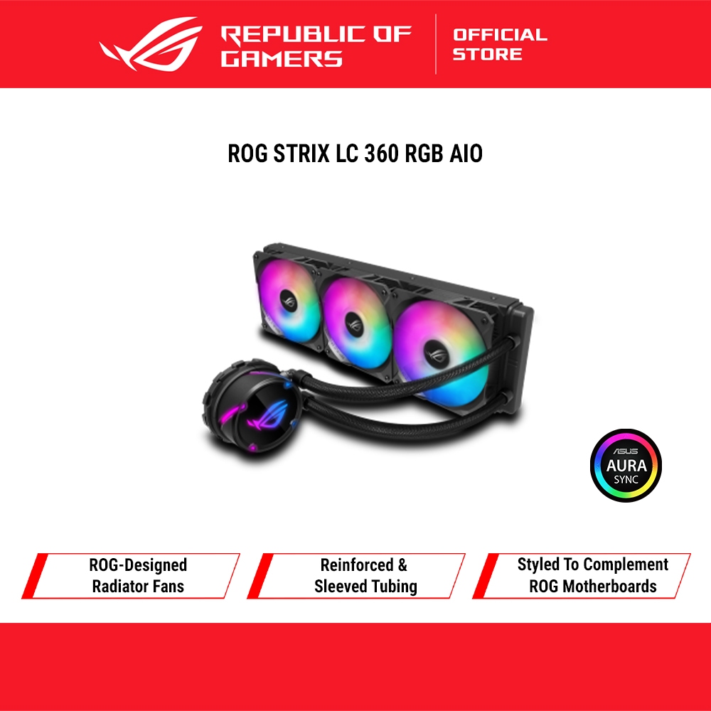 ROG Strix LC 360 RGB all-in-one liquid CPU cooler with Aura Sync, and triple ROG 120mm addressable RGB radiator fans