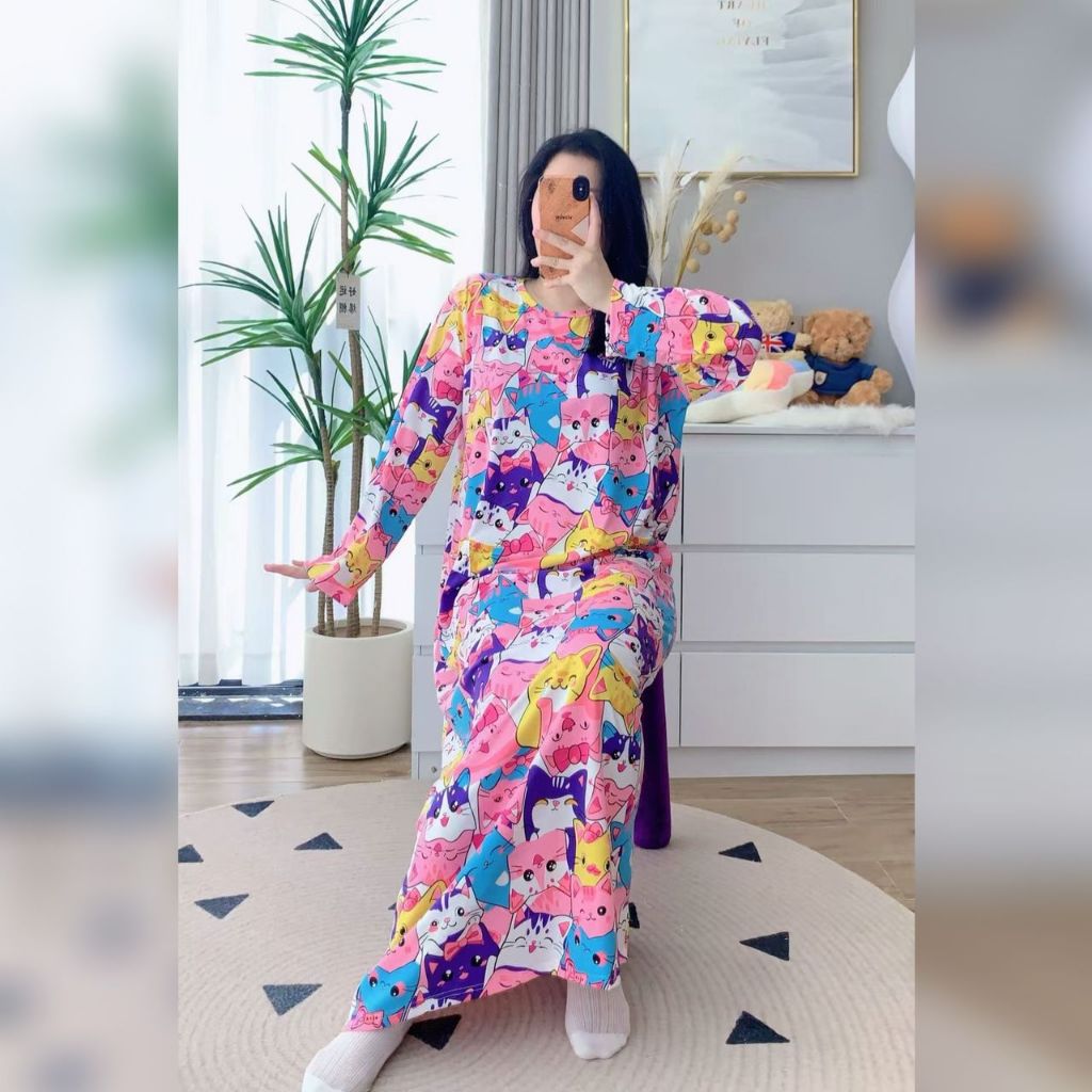 (VITRI SHOP) LENGAN PANJANG KAFTAN TIDUR DRESS LABUH BERPOKET COTTON MIX POLYSTER