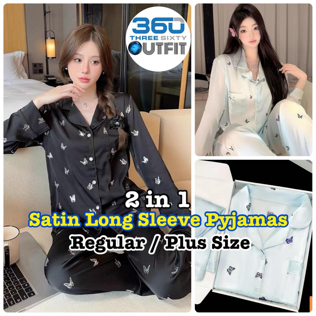 360 Outfit Satin Set Baju Tidur Pajamas Set Pyjamas Sleepwear Regular Plus Size Lengan Panjang Long Sleeve Nightwear