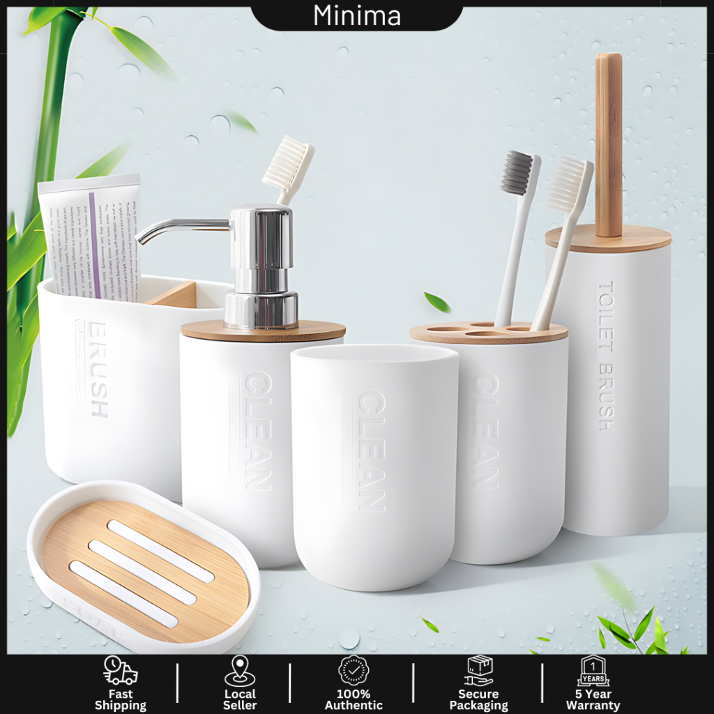 MINIMA Bathroom Bamboo Wood Organizer Toothbrush Cup Accessories Set, Lotion Dispenser, Toothpaste Holder, Toilet Brush