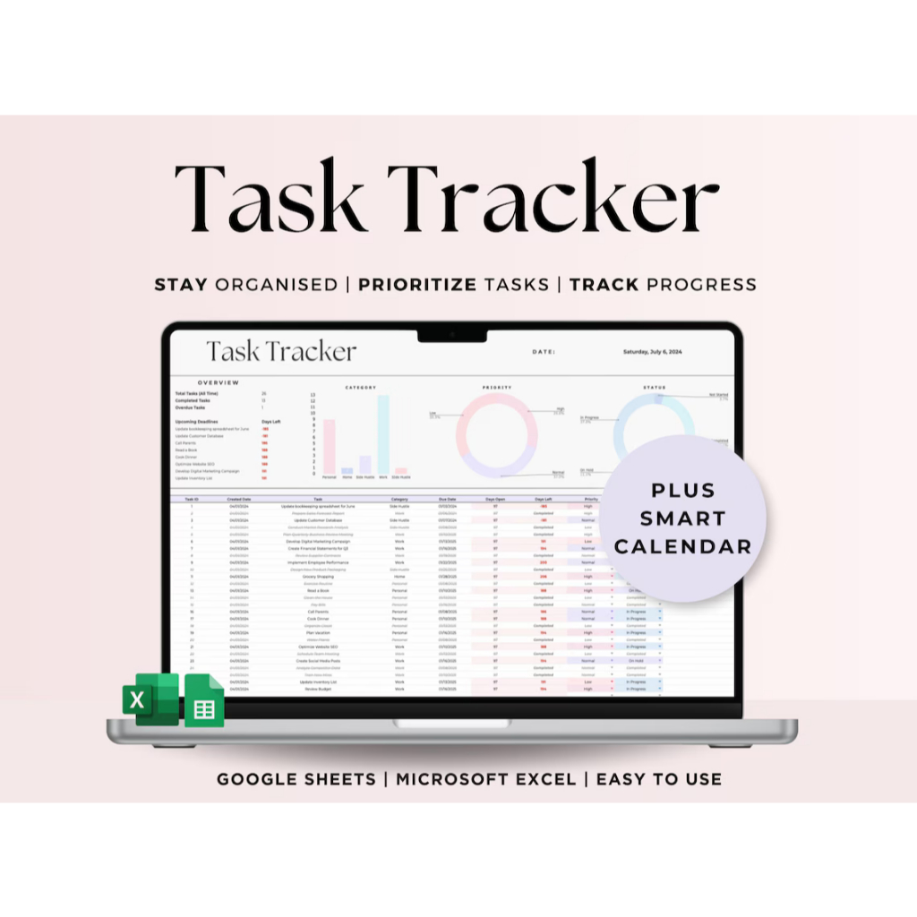 Task Tracker Spreadsheet Template Excel Management Google Sheets, To-Do List Productivity Organizer, Time Planner, Daily