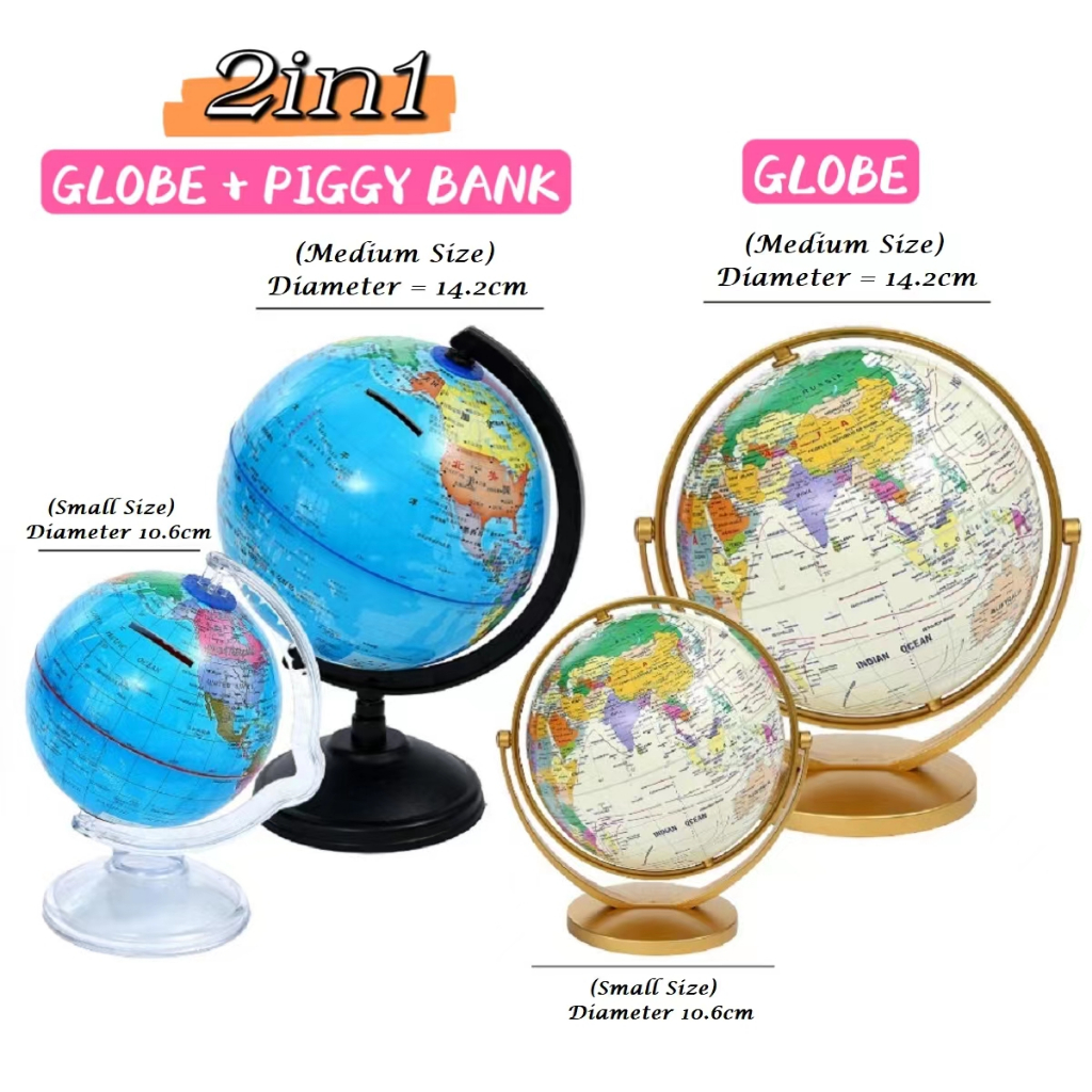 Kids World Globe Learning & Globe Piggy Bank 10.6/14.2cm Glob Dunia Tabung Duit Kanak Geografi Stationery Coin 地球仪 扑满