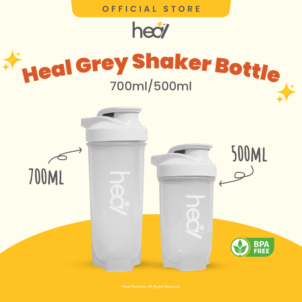 Heal Grey Shaker Bottle 700ml/500ml (Protein Shaker with Reusable Ball) - Botol Pengocok Protein