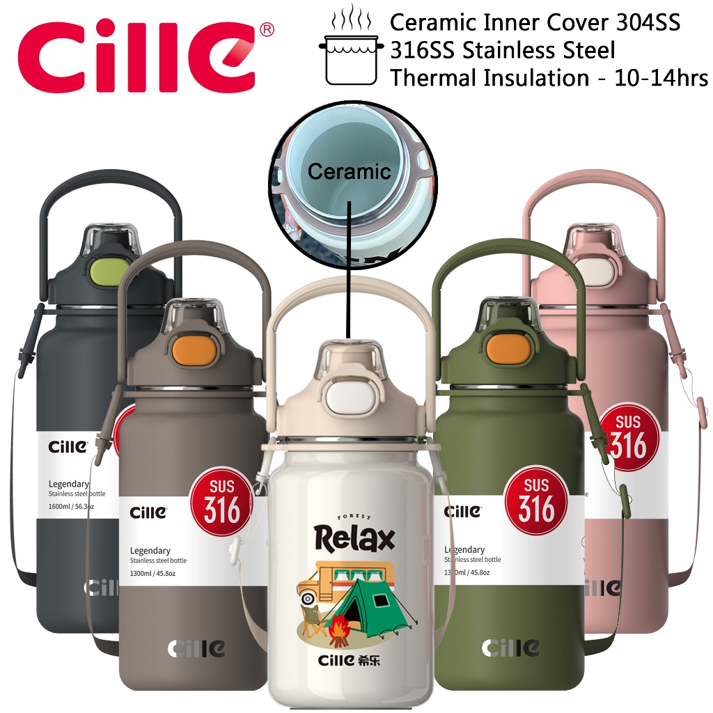 Cille 1L/1.3L/1.6L Dual Head 316SS/Ceramic Liner 304SS Stainless Steel Vacuum Flask Thermos Water