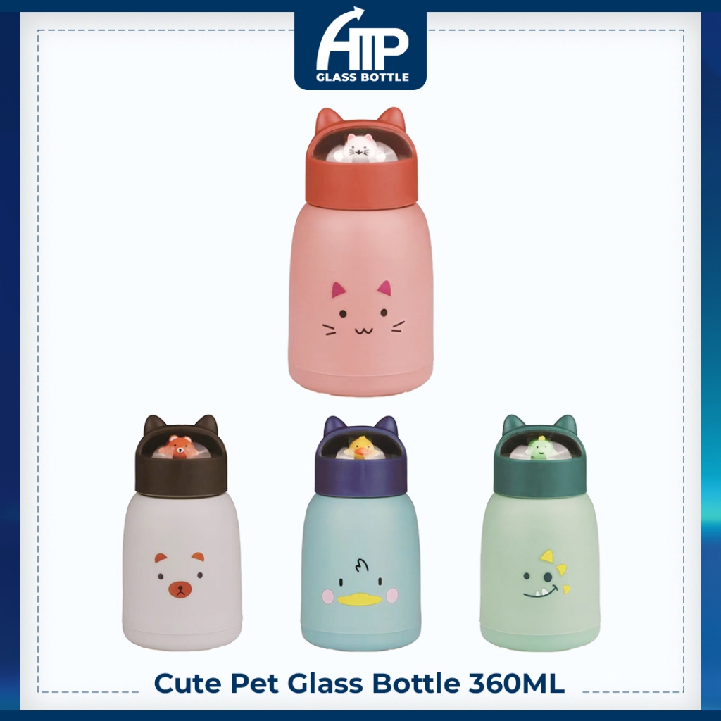 360ml ATP Glass Bottle Cute Pet Glass Insulated Tumbler Coffee Travel Mug Vacuum Insulated Glass Cup Bottle Student Kids