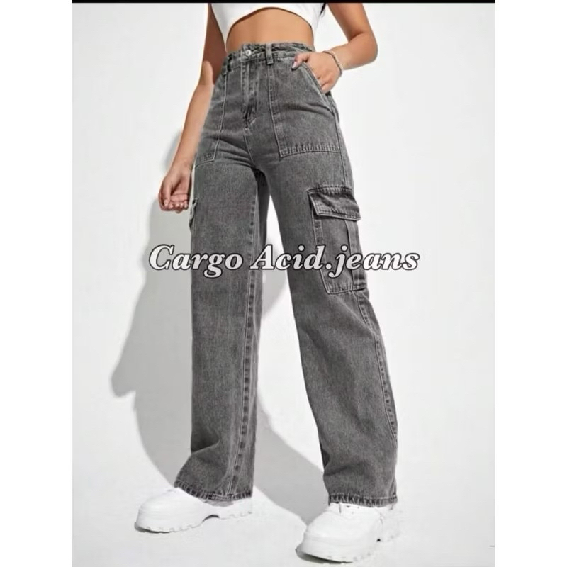 Wide leg Acid Wash Cargo 6 Pocket Palazzo High Quality Size26-36 (Ready Stoke)