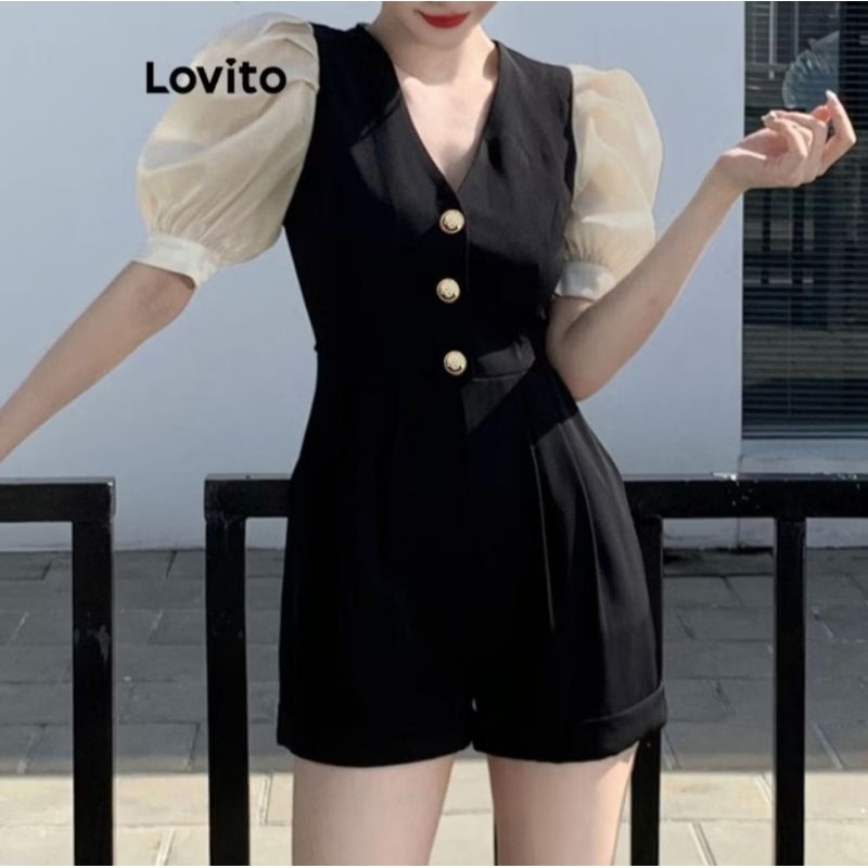 Lovito Elegant Plain Button Colorblock Jumpsuit for Women (Black)