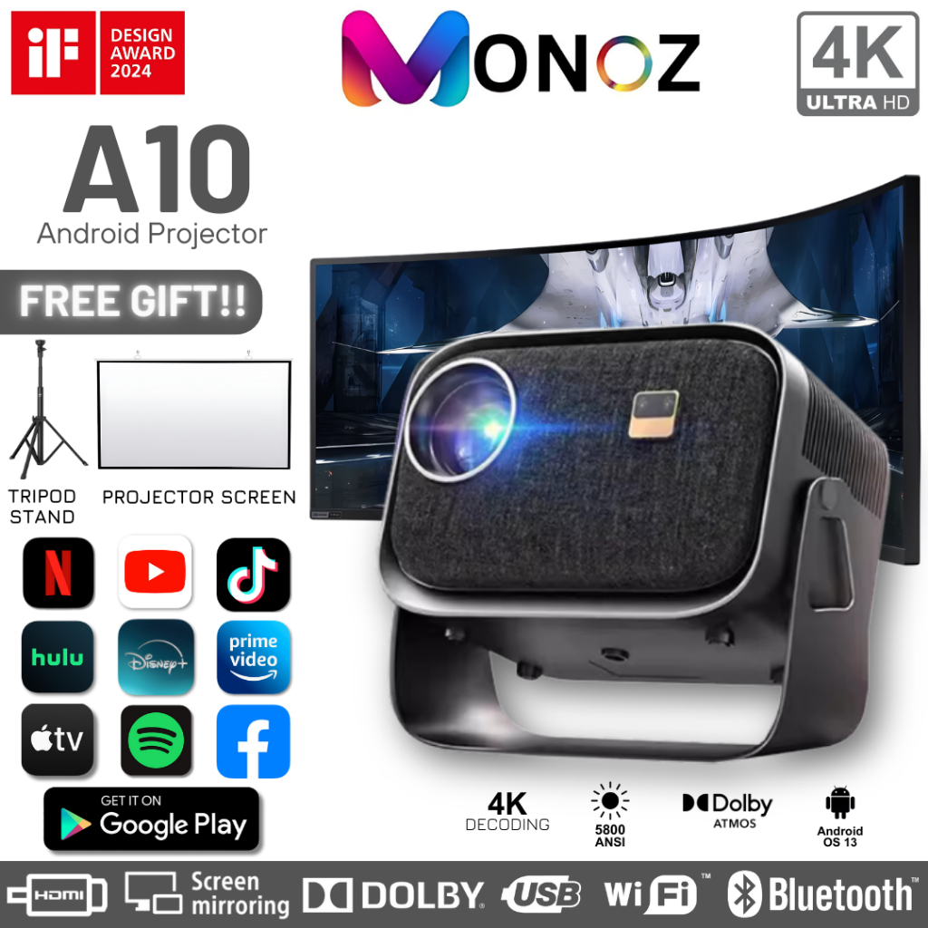 2024 Newest LENS A10 Android 11 Smart LED Projector with 5G Dual WIFi Auto Focus and Keystone Wireless Mirror Phone