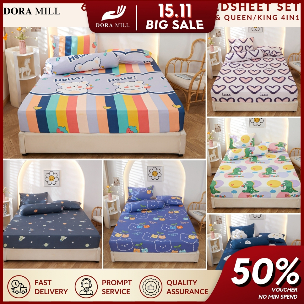 DORAMILL Children 4in1 Queen 2in1 Single Cotton Fitted Bedsheet Set Pillow Bolster Cadar Murah V#5