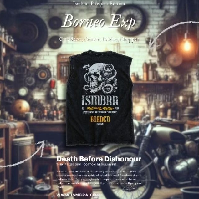 Motorcycle Skull Sleeveless T Shirt - Cafe Racer, Bobber, Chopper, Harley Davidson - Borneo Expedition (Thick Cotton)