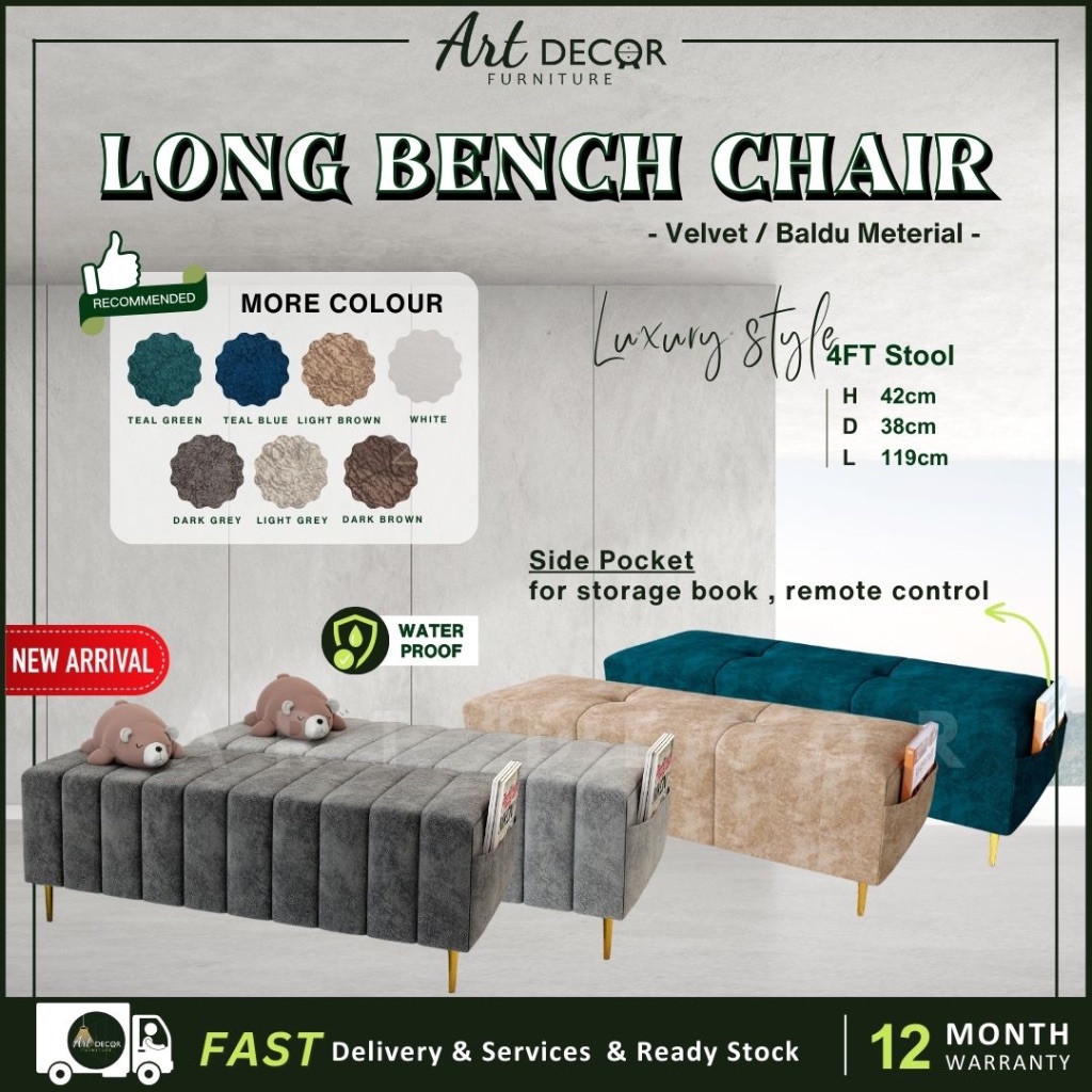[READY STOCK] 4ft Velvet Fabric Long Bench Stool/ Chair With Big Size Storage Pockets -7 colour to choose