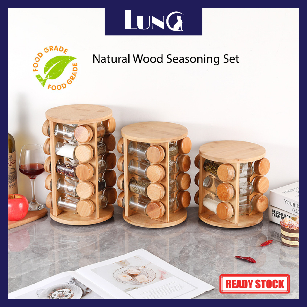 Wooden 12/16/20 pcs Spice jar set Seasoning Bottles Set 360 Rotation Spice Jar Rack