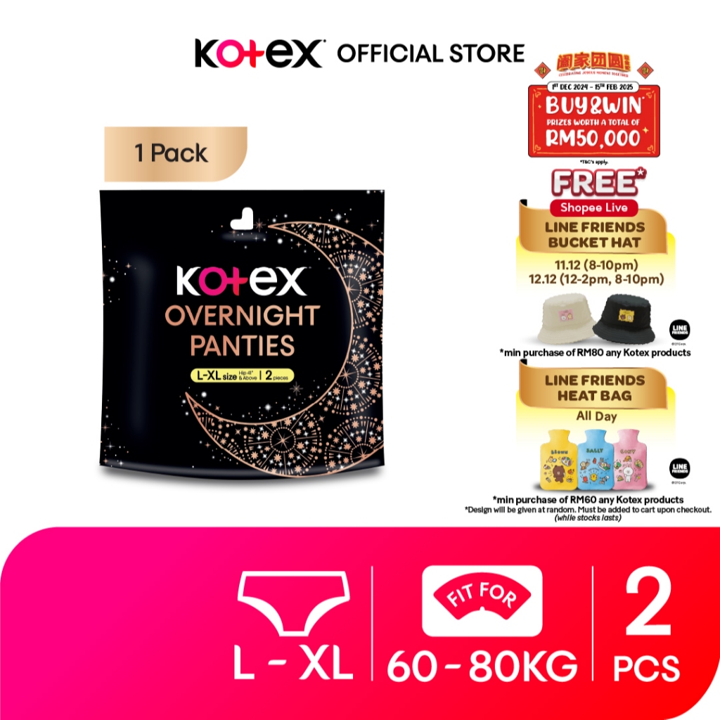 Kotex Overnight Panties L-XL (2s) - Period Panties with 360⁰ Anti-Leakage Protection Disposable