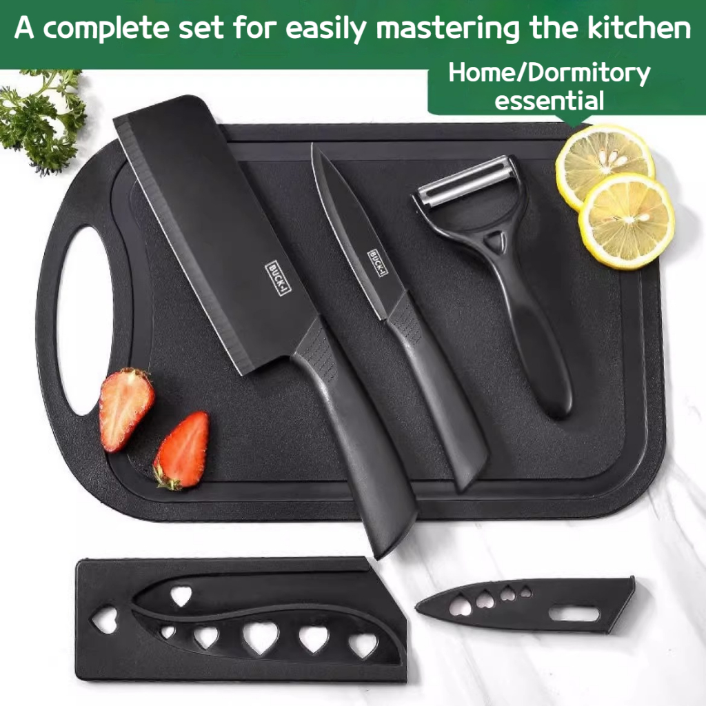 EASY ORGANIZE 7 In 1 Stainless Steel Kitchen Knife Set Fruit Vege Peeler Scissors Cutting Board