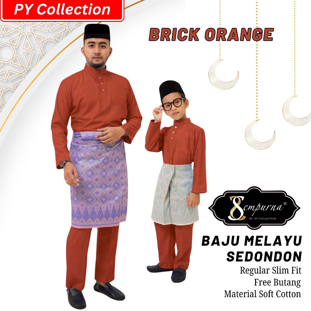 BAJU MELAYU SEMPURNA RAYA 2025 / Baju Melayu Slim Fit Budak & Dewasa WARNA BRICK ORANGE SEPASANG Kain Cotton C018BM/BMC2
