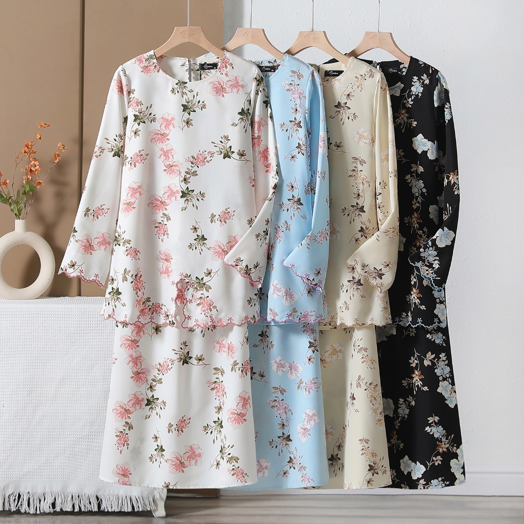 Pickone Fashion Model Terbaru Printed Floral Vintage Nursing Muslimah Baju Kurung Sulam Khawla Wanita Satin D018