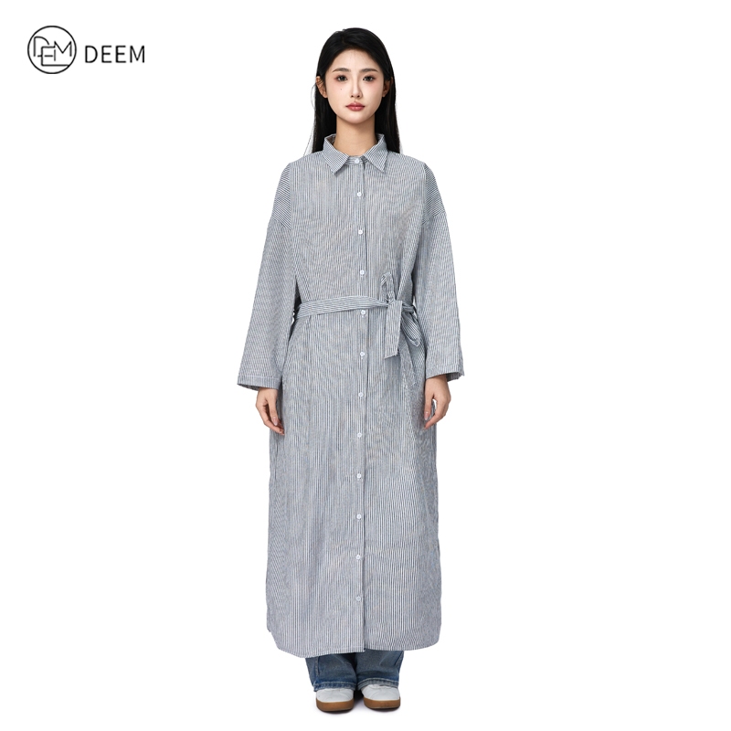 DEEM Women's Striped Long Sleeve Dress Side Pocket Half Body Skirt Panjang Baju