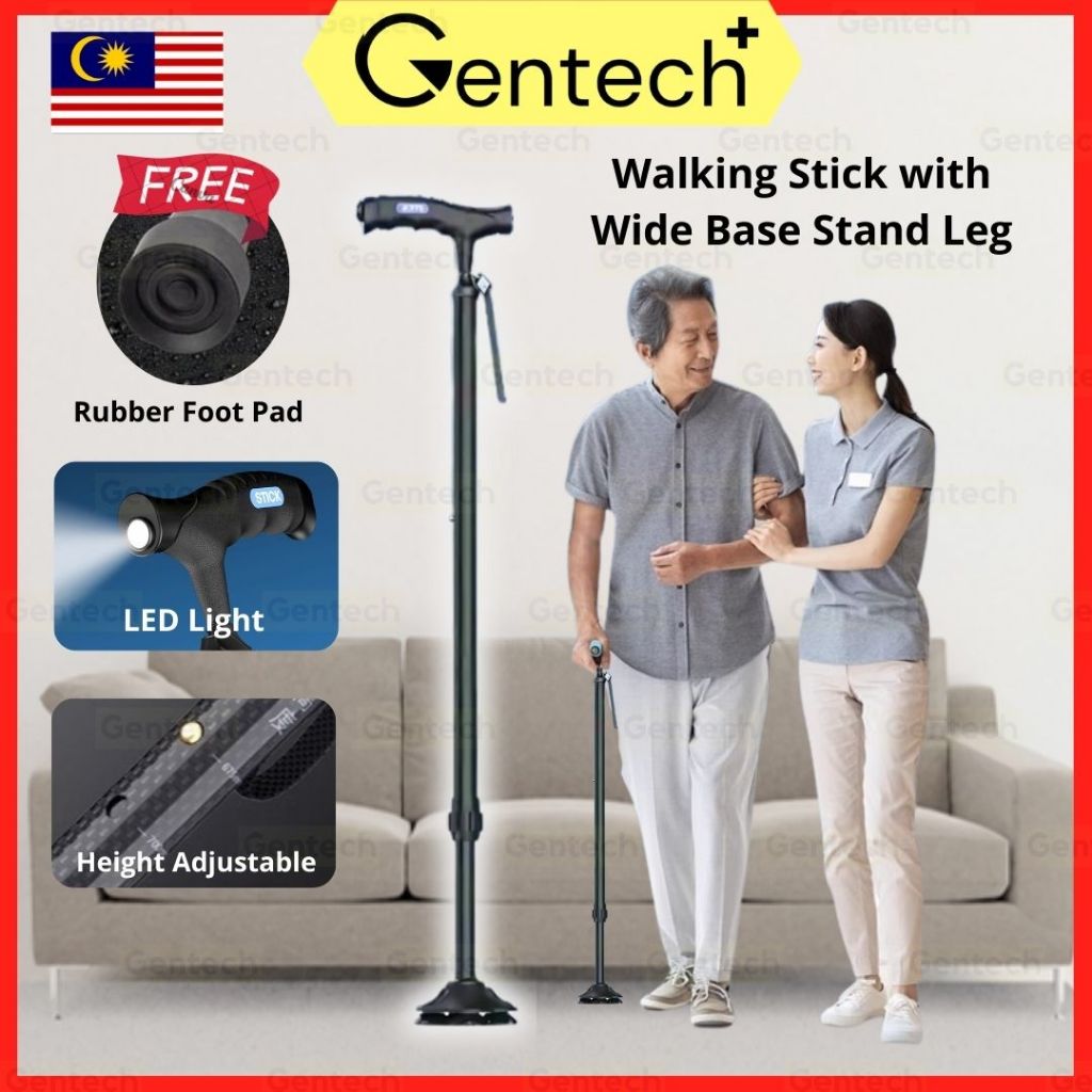 Rubber Handle Walking Stick Foot Pad With Led Light Adjustable Height For Elderly Use Tongkat