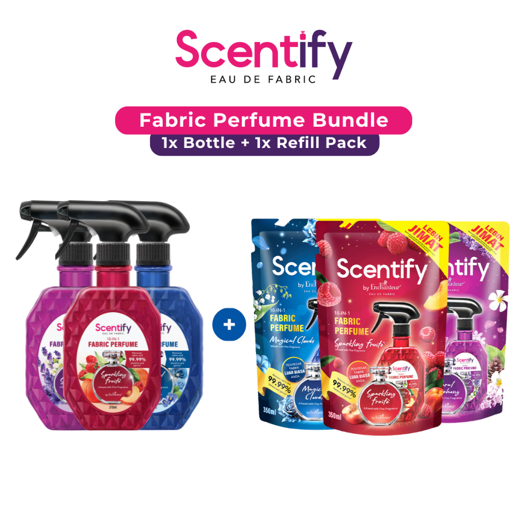 Scentify Eau De Fabric Perfume Bottle 370ml + Pouch 350ml Magical Clouds Sparkling Fruité Floral Symphony Air Freshener